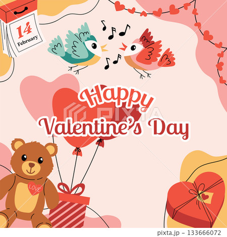 Colorful Happy Valentines Day greeting card with bold text, organic shapes, songbird couple. 133666072
