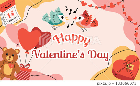 Festive Valentines Day card with organic shapes, holiday text, loving songbirds, teddy bear. Festive Valentines Day card with organic shapes, holiday text, loving songbirds, teddy bear. 133666073