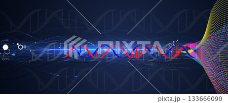 Futuristic hexagons, DNA strands, connected neural web, medical and science background 133666090