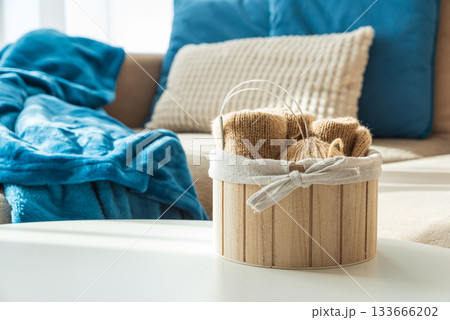 Knitting Setup with Yarn Basket and Cozy Couch in Sunlight 133666202