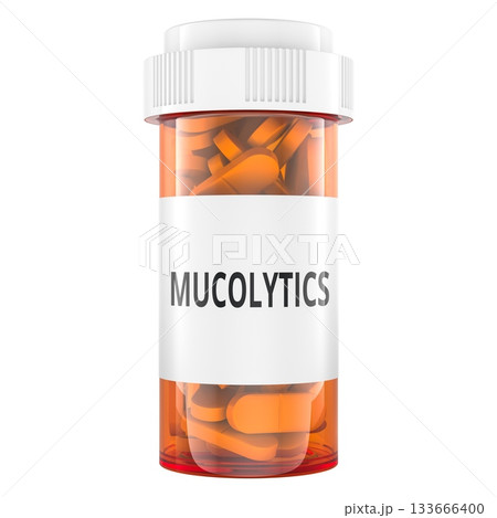 Mucolytics, medicine bottle with tablets. 3D rendering Mucolytics, medicine bottle with tablets. 3D rendering 133666400