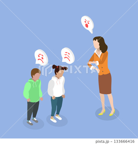 3D Isometric Flat Vector Illustration of Child Scolding, Mother Harshly Reprimands Scared Children 133666416