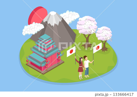 3D Isometric Flat Vector Illustration of National Japanese Day, Celebration With Friends Holding Flag And Mount Fuji In Background 133666417