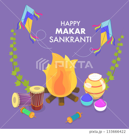 3D Isometric Flat Vector Illustration of Makar Sankranti, Festival is Dedicated to the Solar Deity 133666422