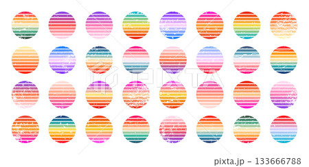 Grunge vintage colorful sunset. Striped gradient sunrise badges in 80s and 90s style. Sun and ocean view, summer vibes, surfing. Design element for print, logo or t-shirt. Vector illustration Grunge vintage colorful sunset. Striped gradient sunrise badges in 80s and 90s style. Sun and ocean view, summer vibes, surfing. Design element for print, logo or t-shirt. Vector illustration 133666788