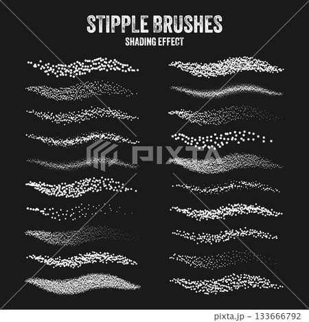 Ink scatter brush, stipple drawing and texturing. Fading gradient. Stippling, dotwork drawing, shading using dots. Halftone disintegration effect. White noise grainy texture. Vector illustration 133666792