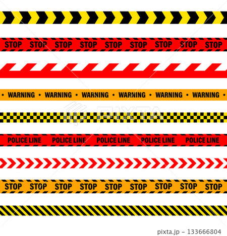 Barricade construction tape. Colorful police warning line, brightly colored danger or hazard stripe, ribbon. Restricted area, zone. Attention symbol. Vector illustration 133666804