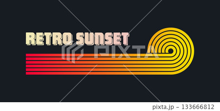 Vintage colorful sunset. Various gradient striped sunrise badges in 80s and 90s style. Sun and ocean view, summer vibes, surfing. Design element for print, logo or t-shirt. Vector illustration 133666812
