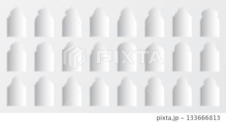 Islamic frames, oriental style objects. Arabic shapes, windows and arches with shadows. Traditional ornamental frame. Muslim holidays, Ramadan Kareem. Modern eastern architecture. Vector illustration 133666813