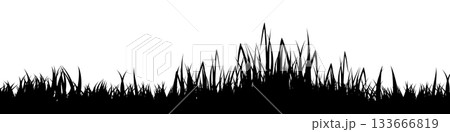 Meadow silhouette with grass, plants on plain. Panoramic summer lawn landscape with herbs, various weeds. Herbal border, frame element. Black horizontal banners. Vector illustration 133666819