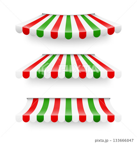 Shop sunshade. Realistic striped cafe awning. Outdoor market tent. Roof canopy in Italian flag colors. Summer street store. Vector illustration Shop sunshade. Realistic striped cafe awning. Outdoor market tent. Roof canopy in Italian flag colors. Summer street store. Vector illustration 133666847