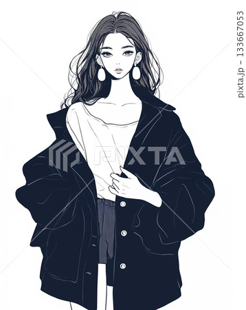 クールな女性のモノクロイラスト クールな女性のモノクロイラスト 133667053