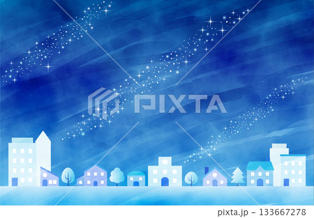 冬の夜の星空の街並みの青い水彩背景 133667278
