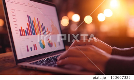 Businessman working on a laptop displaying colorful financial charts and graphs, indicating data analysis and business strategy development in a cozy, possibly evening, environment 133667323