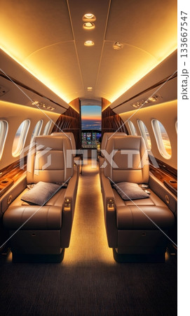 Warm interior of a private jet cabin featuring comfortable leather seats, illuminated aisle, and sunset views through the cockpit window, exuding luxury and exclusivity 133667547