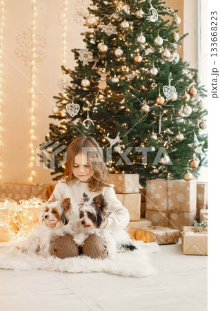 Portrait of a little girl celebrating Christmas with her dogs. Girl sitting near Christmas tree and posing for a photo. Kid wearing beige knitted clothes. Portrait of a little girl celebrating Christmas with her dogs. Girl sitting near Christmas tree and posing for a photo. Kid wearing beige knitted clothes. 133668223