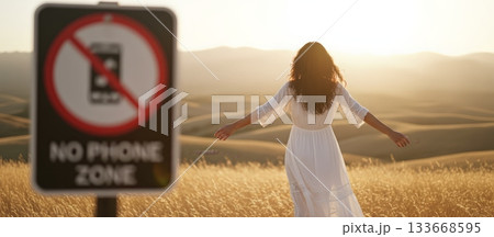Woman standing with arms outspread, enjoying freedom and peace in a golden field during sunset, next to a no phone zone sign, symbolizing a digital detox and escape from technology Woman standing with arms outspread, enjoying freedom and peace in a golden field during sunset, next to a no phone zone sign, symbolizing a digital detox and escape from technology 133668595