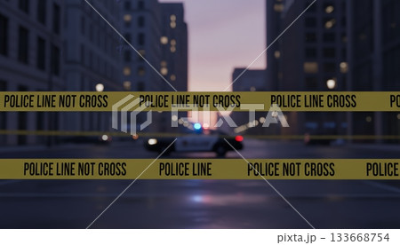 Yellow police line tape securing an urban street, marking a crime scene with a blurred police car's flashing lights in the background during dusk, symbolizing law enforcement investigation 133668754