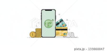 Smartphone displaying a successful transaction checkmark, surrounded by stacked coins, credit cards, and a receipt, conceptualizing secure online payment and digital commerce Smartphone displaying a successful transaction checkmark, surrounded by stacked coins, credit cards, and a receipt, conceptualizing secure online payment and digital commerce 133668847