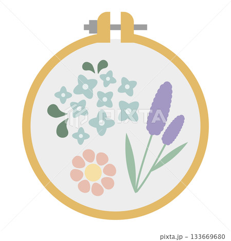 お花の刺繍がされた刺繍枠のイラスト素材 133669680