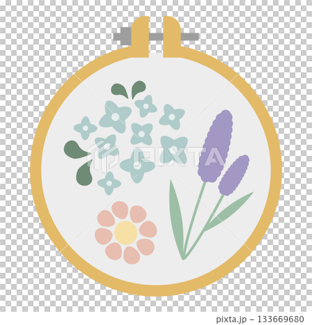 お花の刺繍がされた刺繍枠のイラスト素材 133669680