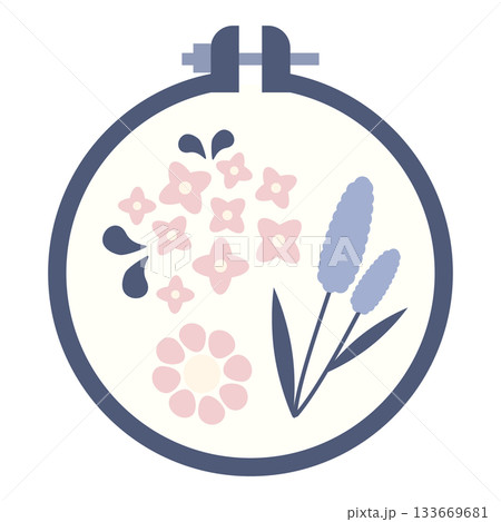 お花の刺繍がされた刺繍枠のイラスト素材 133669681