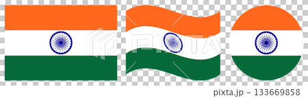 India flag collection. Round flag of India isolated in circle shape, wavy flag of India and flag of India in squared shape. 133669858