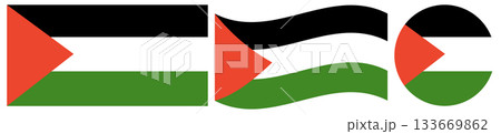 Flag of Palestine set. Round flag of Palestine isolated in circle shape. Wavy flag of Palestine. 133669862