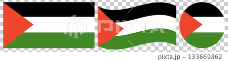 Flag of Palestine set. Round flag of Palestine isolated in circle shape. Wavy flag of Palestine. 133669862