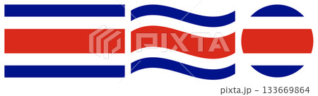 The Civil flag of Costa Rica collection. Round civil flag of Costa Rica in circle shape. Wavy flag of Costa Rica isolated. 133669864