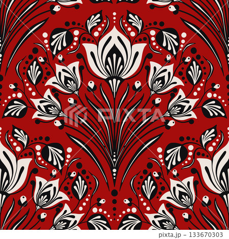 Red White Lily Flower Vintage Damask Vector Seamless Pattern, Fantasy Floral Garden for Italian Renaissance Textile Design, Ancient Art Nouveau Wallpaper Background, Retro Cultural Heritage Backdrop Red White Lily Flower Vintage Damask Vector Seamless Pattern, Fantasy Floral Garden for Italian Renaissance Textile Design, Ancient Art Nouveau Wallpaper Background, Retro Cultural Heritage Backdrop 133670303