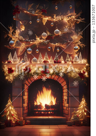 stunning stylish "Happy New year" scene with fireplace and Christmas tree. Ai generated 133671007