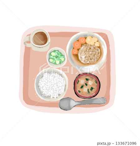 病院食イラスト|全粥・減塩味噌汁・低脂肪ハンバーグの食事セット 病院食イラスト|全粥・減塩味噌汁・低脂肪ハンバーグの食事セット 133671096