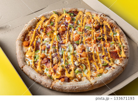 Fresh Gourmet Pizza in Open Box with Vibrant Toppings Fresh Gourmet Pizza in Open Box with Vibrant Toppings 133671193