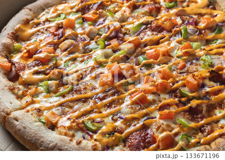 Close-Up of Freshly Baked Pizza with Colorful Toppings Close-Up of Freshly Baked Pizza with Colorful Toppings 133671196