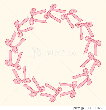 Vector illustration of a circular frame made of hand-drawn pink bows. Delicate and feminine decorative border perfect for invitations, cards, packaging, branding, and elegant design projects 133671665
