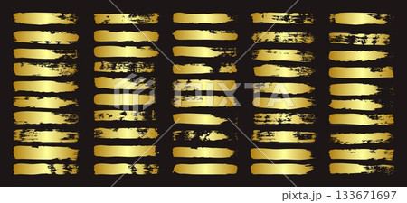 Golden brush strokes, lines, ink smudges, hand-drawn scribble shapes. Handmade sketchy marks, acrylic stains, charcoal streaks. Paint textures, dry brush effect. Marker underline. Vector illustration 133671697