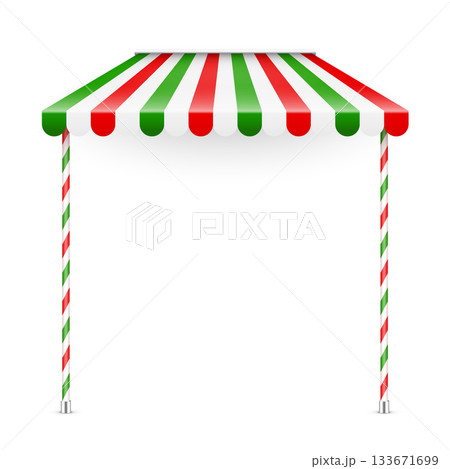 Shop sunshade. Realistic striped cafe awning. Outdoor market tent. Roof canopy. Summer street store. Vector illustration. Shop sunshade. Realistic striped cafe awning. Outdoor market tent. Roof canopy. Summer street store. Vector illustration. 133671699