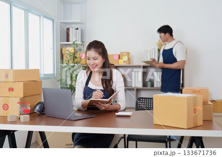 Efficient office. Young woman managing logistics with laptop in a modern workspace. Efficient office. Young woman managing logistics with laptop in a modern workspace. 133671736