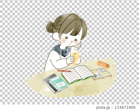 Female student using smartphone while studying-Watercolor Female student using smartphone while studying-Watercolor 133671900