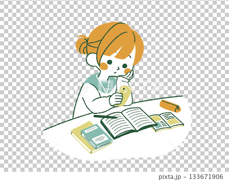 勉強中にスマホをいじっている女子学生-4色 勉強中にスマホをいじっている女子学生-4色 133671906