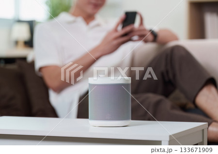 Smart Technology. A man using voice assistant with smart speaker at home. 133671909