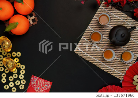 Chinese New Year celebration with oranges and tea, top view Chinese New Year celebration with oranges and tea, top view 133671960