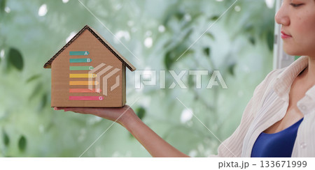 Energy Efficiency. Woman holding a cardboard house model with energy rating labels. 133671999