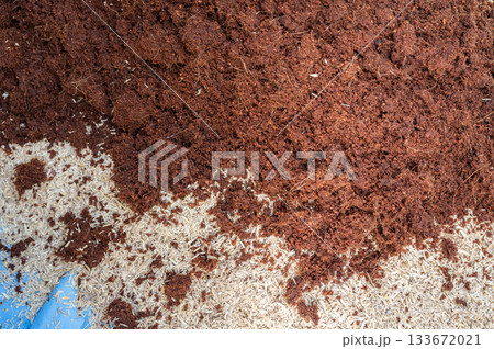 Coconut coir and rice husk while blending for making potting soil. Fertilizers help improve soil fertility, boost plant growth, and increase agricultural productivity. Coconut coir and rice husk while blending for making potting soil. Fertilizers help improve soil fertility, boost plant growth, and increase agricultural productivity. 133672021