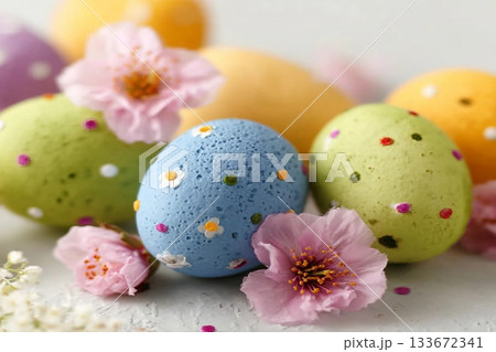 easter eggs and spring flowers 133672341