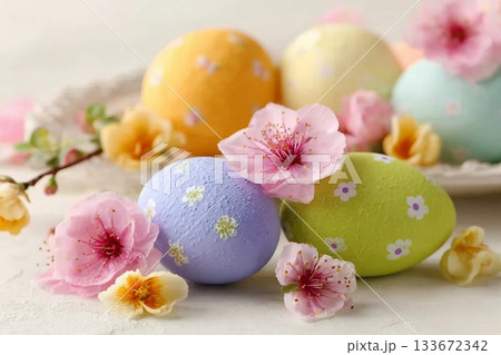 easter eggs and spring flowers easter eggs and spring flowers 133672342