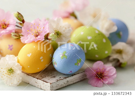 easter eggs and spring flowers easter eggs and spring flowers 133672343