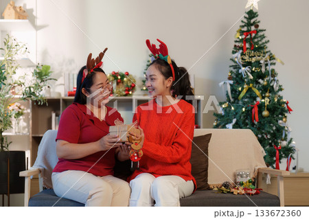 Gift Exchange. Two women sharing a present during Christmas celebration in a cozy home environment. Gift Exchange. Two women sharing a present during Christmas celebration in a cozy home environment. 133672360