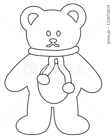 Cute outline of teddy bear wearing winter scarf for colouring, Christmas, happy new year, animal decoration, cartoon, zoo, souvenir shop, character, comic, mascot, patch, brooch, festive winter icon 133672634